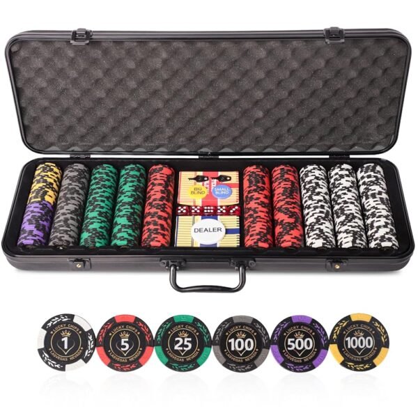 Clay Poker Chips for Texas Holdem,500 PCS 14g Chip Set with ABS Carrying Case,2 Decks of Cards, 5 Dice, 3 Buttons,Numbered Chips