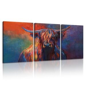 Cow Canvas Wall Art Abstract Highland Cow Painting 3 Panels Texas Longhorn Posters and Prints for Living Room Home Office Bar Toilet Bedroom Guest Room Decoration, Framed 12W''...