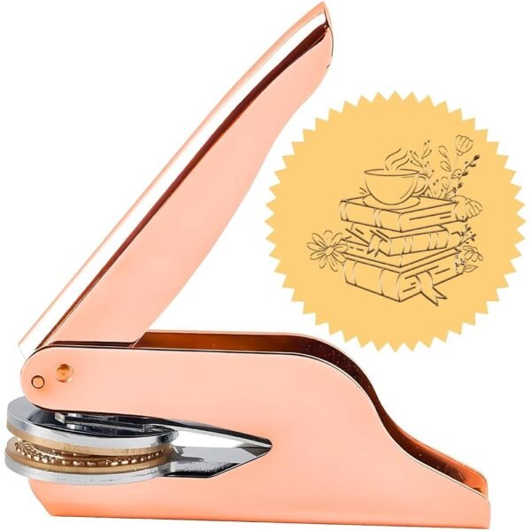 CRASPIRE Coffee Cup Book Embosser Stamp Custom 1.65" Library Teacup Flower Elegant Invitation Seal Personalized Rose Gold Stainless Steel Brass Handle Held for Graduation...