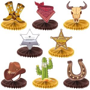 Crtiin 8 Pcs Cowboy Party Decorations Western Themed Birthday Party Decorations Wild West Cowboy Honeycomb Centerpieces for Tables 3D Theme Decor Supplies Boys Girls