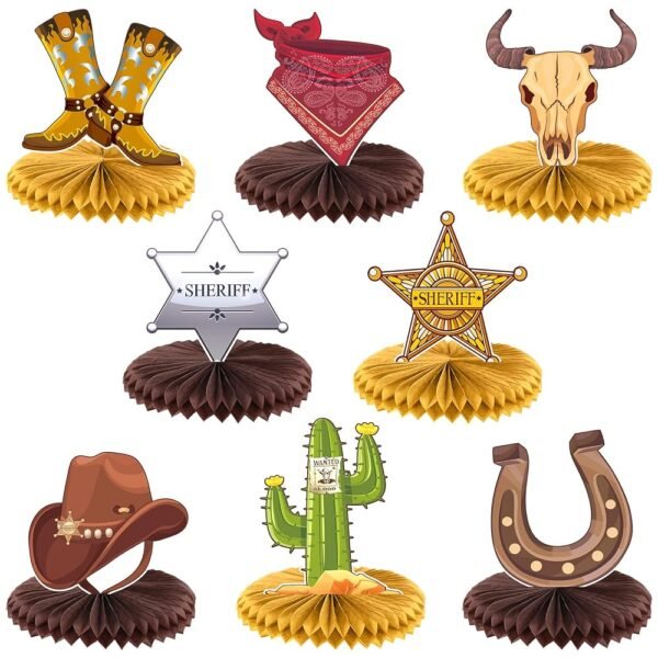 Crtiin 8 Pcs Cowboy Party Decorations Western Themed Birthday Party Decorations Wild West Cowboy Honeycomb Centerpieces for Tables 3D Theme Decor Supplies Boys Girls