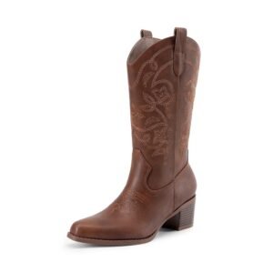DREAM PAIRS Cowboy Boots for Women Cowgirl Western Boots Fashion Embroidery Stitched Chunky Heel Mid Calf Boots