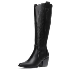 DREAM PAIRS Womens Cowboy Boots Wide Calf Comfortable Pull On Zipper Chunky Heel Pointed Toe Embroidered Western Cowgirl Knee High Boots Ladies Retro Tall Boot