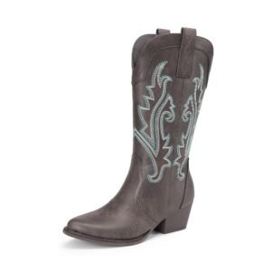 DREAM PAIRS Women's Cowboy Cowgirl Boots Embroidered Pointed Toe Low Heel Western Mid Calf Boot for Theme Party Country Concert