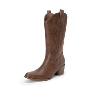 DREAM PAIRS Women's Square Toe Cowboy Cowgirl Boots Embroidered Mid Calf Western Boots Fashion Dress Low Chunky Heel Boots for Theme Party Country Concert