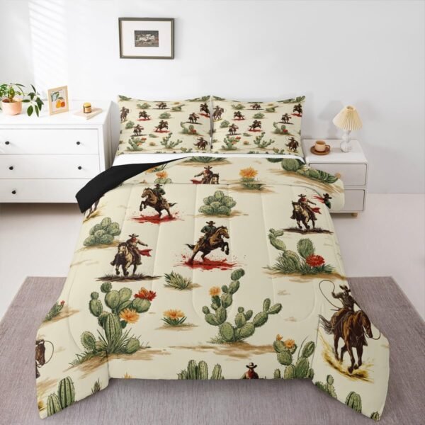 Erosebridal 3 Pieces Western Cowboy Comforter Set, Rustic Cowboy Cow Longhorn Horse Print Full Size Bedding Sets for Boys Girls Adults, Western Texas Style Bed Comforter Set - 1...