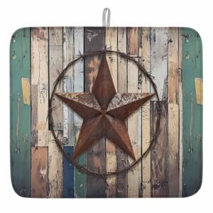 Farmhouse Country Star Dish Drying Mats for Kitchen Counter Absorbent Microfiber Large Drying Mat Hangding Quick Drying Dish Mat, Rustic Wood 16x18inch Machine Washable Dish...