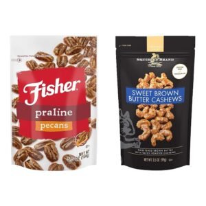Fisher Snack Praline Pecans, 5.5 Ounces + Squirrel Brand Sweet Brown Butter Cashews, 3.5 Ounces