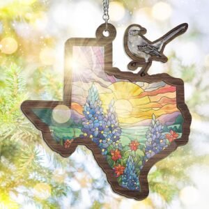 FLAGWIX Texas Gifts for Women Men - Double Layered Window Suncatcher Hanging Decorations 6 in - Texas Sun Catchers Indoor Window for Home Decor, Mockingbird Bluebonnet...