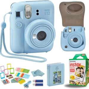 Fujifilm Instant Mini 12 Camera + Accessory Bundle & Compatible Custom Case + Fuji Instant (20 Shots) Designer Mini Photo Album (60 Pockets) (Pastel Blue)