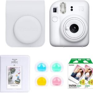 Fujifilm Instax Mini 12 Instant Film Camera, Clay White Bundle with Instax Mini Custom Case, Accessory Kit and Daylight Film, 2X Twin Pack (40 Exposures) ISO 800