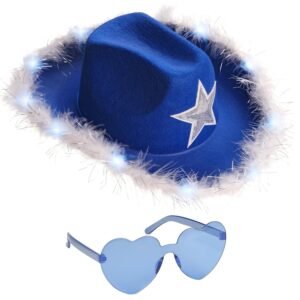 Funcredible White Light Up Cowgirl Hat – Fluffy Cowboy Hat with Blue Star Detail – White Cowgirl Accessory for Concerts