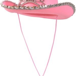 Funny Party Hats - Pink Cowgirl Hat With Blinking Tiara - Childrens Party Hat - Girls Cowboy Hat - Rodeo Princess - Texas Rancher Style - Halloween & Birthday Fun