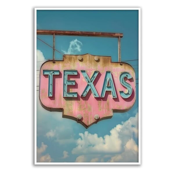 GADZRTIL Pink Texas Wall Art Vintage Texas Sign Print Blue and Pink Canvas Art Texas Travel Poster Abstract Sky Wall Art Trendy Pink Pictures Funky Vintage Poster Aesthetic...