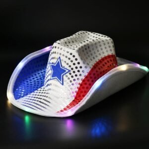 GiftExpress Light Up Patriotic Cowboy Hat - Red, White & Blue Sequin Cowgirl Hat w/Flashing LED - USA Western Rodeo Theme Party Costume for Women and Man Adult Size