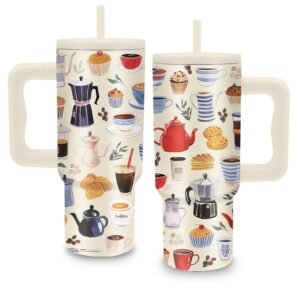Gifts for Women - 24 oz Tumbler with Handle and Straw - Insulated Stainless Steel Cup, Leakproof, Cute Teapot Dessert Coffee Design Travel Mug, BPA Free, Fits Car Cup Holders,...