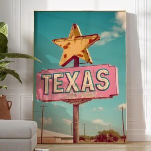Gobeiuasy Vintage Texas Sign Poster Retro Texas Aesthetic Wall Art Pink Sign Poster Pink and Blue Posters for Room Aesthetic Rustic Art Print Bar Cart Artwork for Bedroom...
