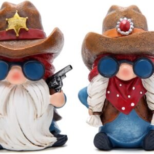 Hodao Cowboy and Cowgirl Gnome Figurines - Hand-Painted Western Resin Gnomes with Cowboy Hats, Sheriff Badge and Bandana - Rustic Farmhouse Decor and Gift for Tiered Tray,...