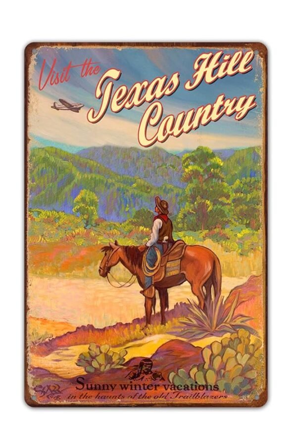 HomDeo Wall Decor Metal Signs Personalized Texas Hill Country Sign, Rick Sharp Art, Vintage Old Southwest Wildeness, Retro Cowboy 8x12 Tin Sign