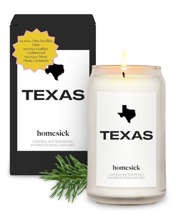 Homesick Scented Candles for Home (Texas) - 13.75 oz Long-Lasting Soy Wax Jar Candle for Women & Men for All Occasions, 60-80 Hours Burn Time - Notes of Pine Needles & Lime