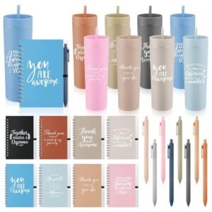 Honeydak 8 Set Employee Appreciation Gifts Bulk Thank You Tumblers with Lids and Straws 16 oz Plastic Coffee Cups with Notebooks and Pens for Coworker Christmas Office...