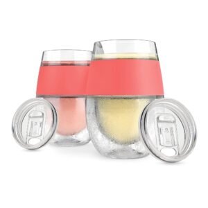Host Cooling Wine Freeze Cup with Lid, Set of 2 Plastic Double Wall Insulated Wine Tumbler Drink Cups with Freezing Gel for Red and White Wine, Coral