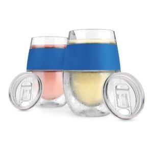 Host Cooling Wine Freeze Cup with Lid, Set of 2 Plastic Double Wall Insulated Tumbler Drink Cup with Freezing Gel for Red and White Wine, Blue