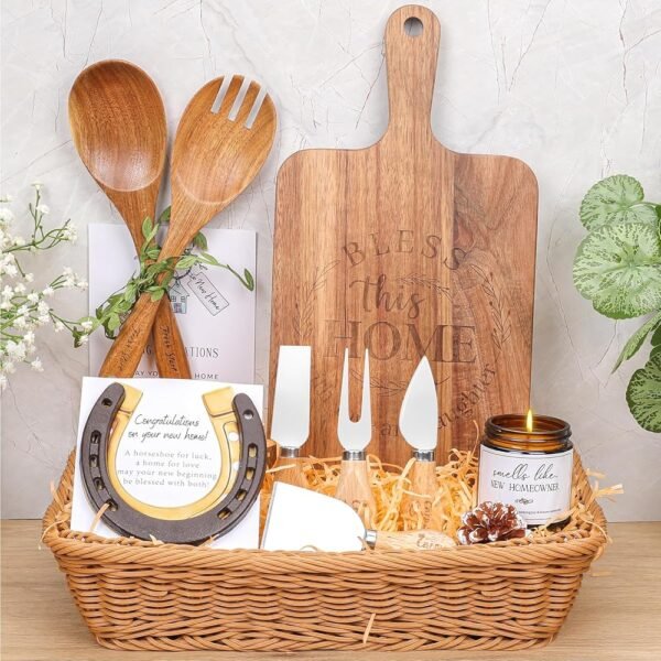 House Warming Gifts New Home,Acacia Wood Cheese Board Set, Candle, Salad Spoon & Fork, Horseshoe, Cheese Knives, Rattan Basket,Gifts for Home Buyers, First Home Gift Ideas, New...