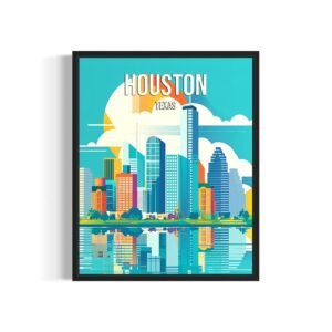 Houston Texas City Poster Art Print, Skyline Cityscape Wall Art Illustration Posters, Landscape Travel Map Decor Gallery 24B (Houston Texas, 8 x 10 inches, Unframed)