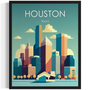 Houston Texas Poster Art Print, Retro City Mountain and Lake Landscape Artwork, Wall Art Vintage Decor Picture For Bedroom Office Home Decor 64 (Houston Texas, 8 x 10 inches,...