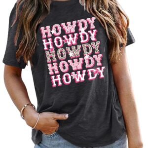 Howdy Cowgirl T-Shirt for Women Pink Leopard Letter Print Shirt Retro Western Country Music Casual Summer Top