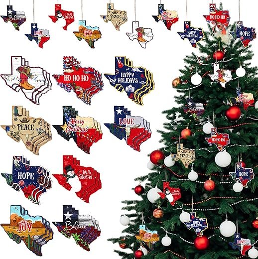 Huwena 30 Pcs Colorful Texas Christmas Ornament Xmas Wooden Ornament Hanging Decor for Christmas Tree Winter Holiday Party Supplies