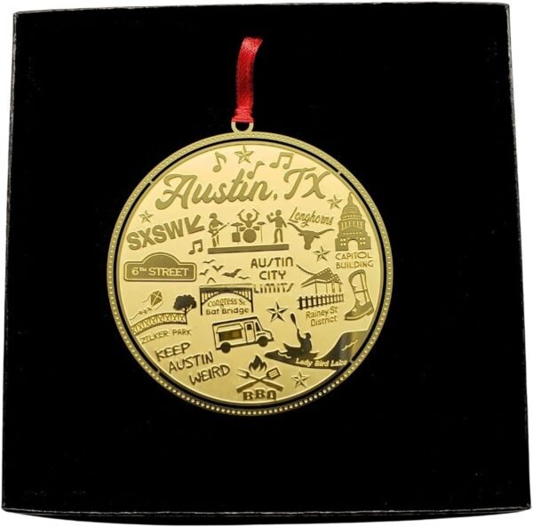 I Love My State Austin TX Ornament City Landmarks Brass (Black Gift Box)