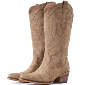 IUV Cowboy Boots For Women Western Cowgirl Boots with Chunky Heel Mid Calf Snip Toe Ideal for low insteps