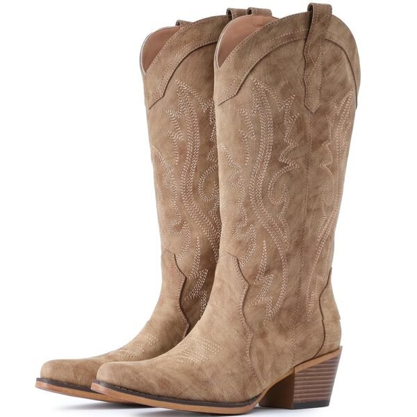 IUV Cowboy Boots For Women Western Cowgirl Boots with Chunky Heel Mid Calf Snip Toe Ideal for low insteps
