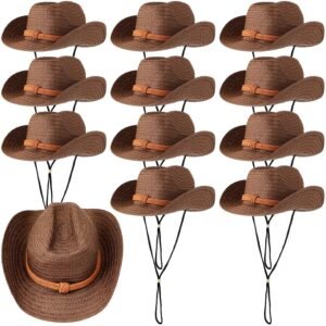 JaGely 12 Pcs Straw Cowboy Hats for Women Men, Wide Brim Summer Hat Bulk Sun Protection for Western Themed Party