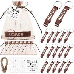 Junkin 50 Set Western Cowboy Party Favors Mental Bottle Opener Keychain Bulk with Organza Bags Thank You Tags and Rope for Birthday Baby Shower Wedding Wild West Derby Party...