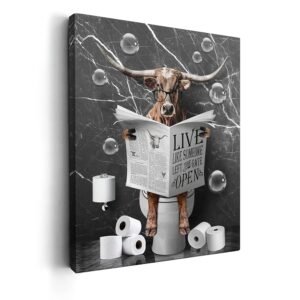 Kasluolo Texas Longhorn Cow Bathroom Wall Art Funny Highland Cow in Toilet Bathroom Picture Print Painting Wall DÃ©cor for Bathroom Toilet Framed Artwork 16x24 inch