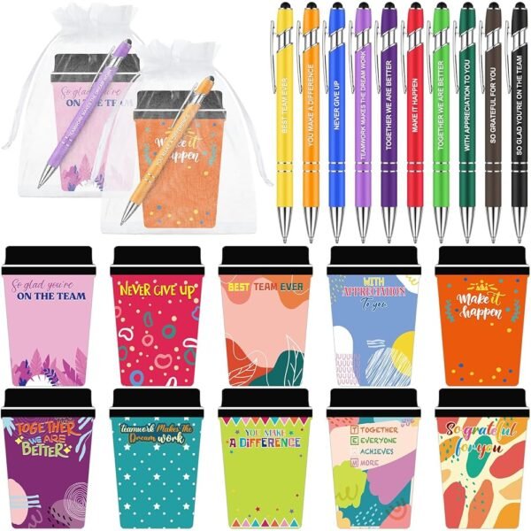 Kosiz 90 Pcs Employee Coffee Cup Notepads Employee Appreciation Gifts Bulk Inspirational Notepads with Ballpoint Pens and Organza Bags Housekeeping Appreciation Week Gifts for...