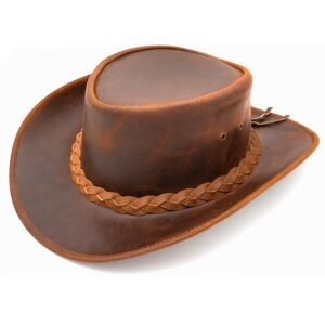Leather Cowboy Hat for Men & Women – Genuine Cowhide Western Outback Hat with 2.7″ Shapeable Brim & Chin Strap, Rustic Brown (Large 58–59 cm, 7¼–7⅜)