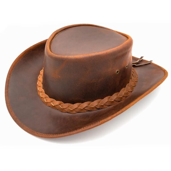 Leather Cowboy Hat for Men & Women – Genuine Cowhide Western Outback Hat with 2.7″ Shapeable Brim & Chin Strap, Rustic Brown (Large 58–59 cm, 7¼–7⅜)