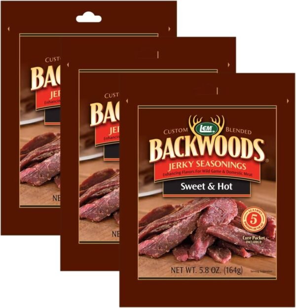 LEM Products Backwoods Sweet & Hot Jerky Seasoning, Ideal for Wild Game and Domestic Meat, Seasons Up to 5 Pounds of Meat, 5.8 Ounce Packet with Pre-Measured Cure Packet...