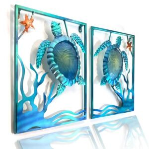 LIFFY Metal Sea Turtle Beach Themed Bathroom Wall Art Decor with Frame-Outdoor Wall Art with LED Fairy Lights, Fish Glass Art Wall Sculpture for...