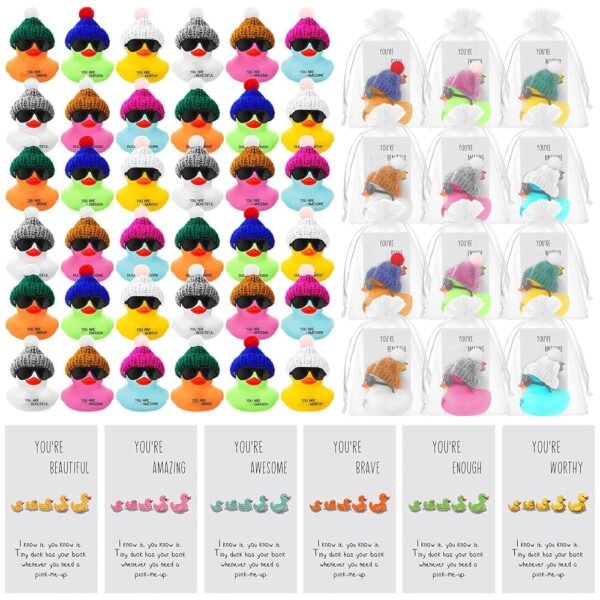 Liliful 108 Set Employee Appreciation Gift Bulk for Coworker Inspirational Mini Rubber Ducks with Glasses You are Awesome Sign Cheer up Card Thank You Gift for Staff Team...