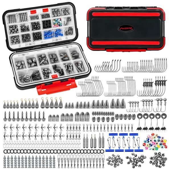 MadBite by KastKing 182/265/400pcs Compact Fishing Tackle Kit - All-in-One Freshwater Hooks, Weights, Bobbers in Tackle Box, Fishing Gear Set for Bass Trout Panfish