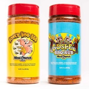 Meat Church BBQ Rub Combo: Honey Hog (14 oz) and Holy Gospel (14 oz) BBQ Rub and Seasoning for Meat and Vegetables, Gluten Free, One Bottle of Each