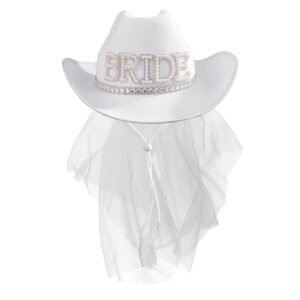 MGupzao Cowboy Hat with Veil Bachelorette Party, White Cowgirl Hat Wedding, Bridal Shower Decoration, Bride to be Gift