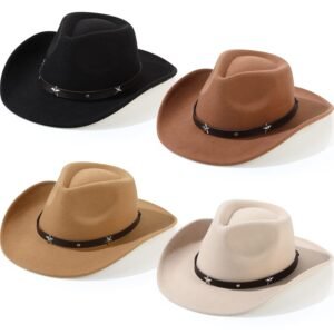 Mumufy 4 Pcs Classic Western Cowboy Hat Men Felt Wide Brim Cowgirl Hats Women Belt Buckle Cap for Adults