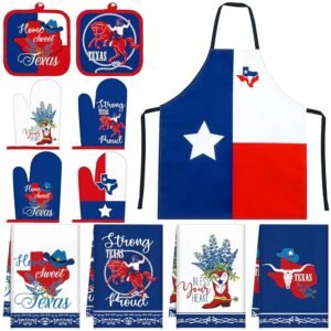 Newcotte 11 Pcs Texas Souvenirs Gifts Texas Bluebonnets Kitchen Set Include 4 Red White and Blue Kitchen Towels 1 Apron 4 Oven Mitts 2 Pot Holders for Housewarming Gift...