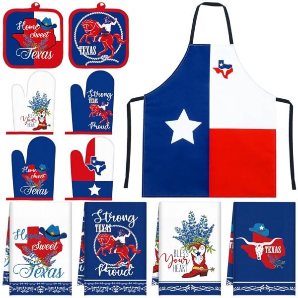 Newcotte 11 Pcs Texas Souvenirs Gifts Texas Bluebonnets Kitchen Set Include 4 Red White and Blue Kitchen Towels 1 Apron 4 Oven Mitts 2 Pot Holders for Housewarming Gift...